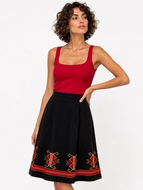 Vintage 60s Skirt Embroidered Black Red Gold Wool Greek Levantis Midi Size Small
